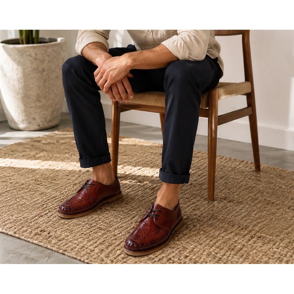 Mens Cognac Brown Leather Woven Huarache‎ Oxford Lace Up Shoes Size 7